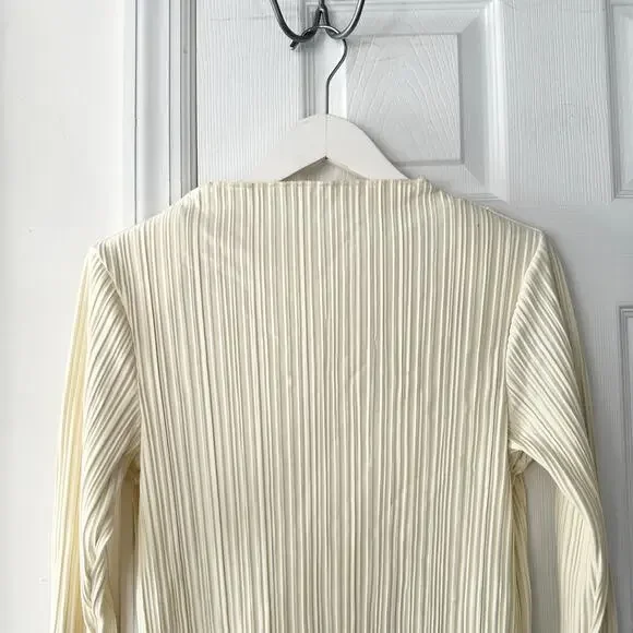 Anine Bing Kira Buttercream Padded Shoulder Accordion Pleated Shift Dress Small